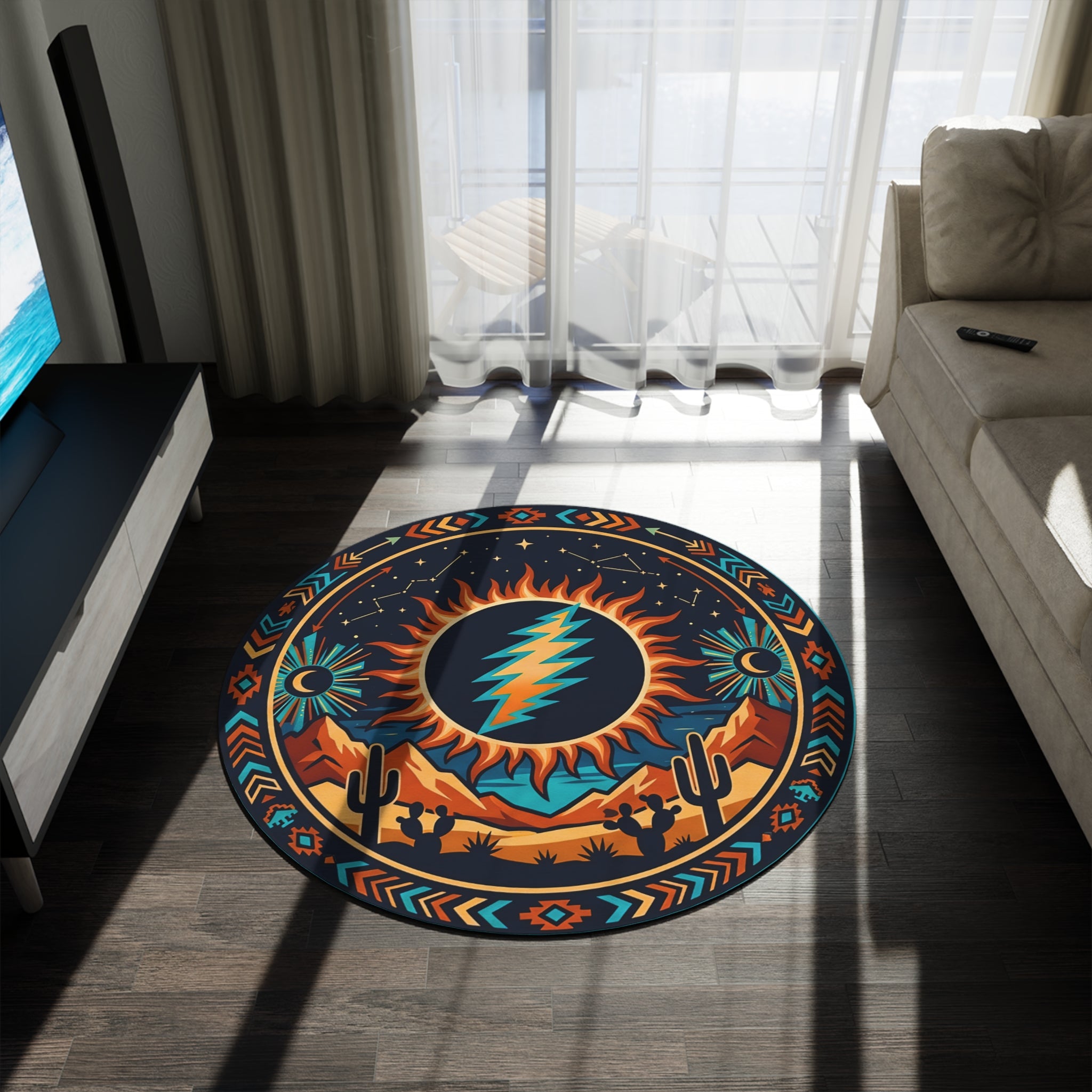 Desert Sun Grateful Dead Lightning Bolt Round Rug | Southwestern Boho Circle Decor