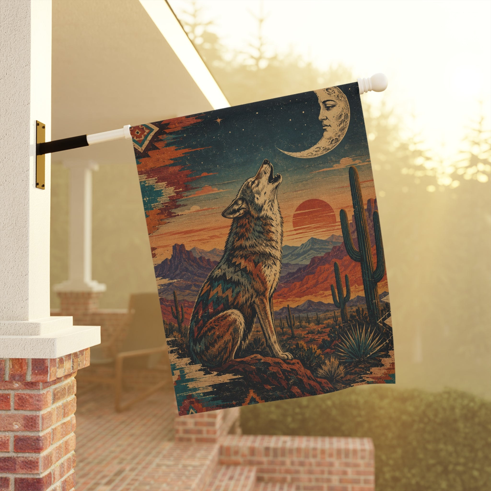 Southwestern Howling Wolf Garden Banner | Desert Moon Landscape