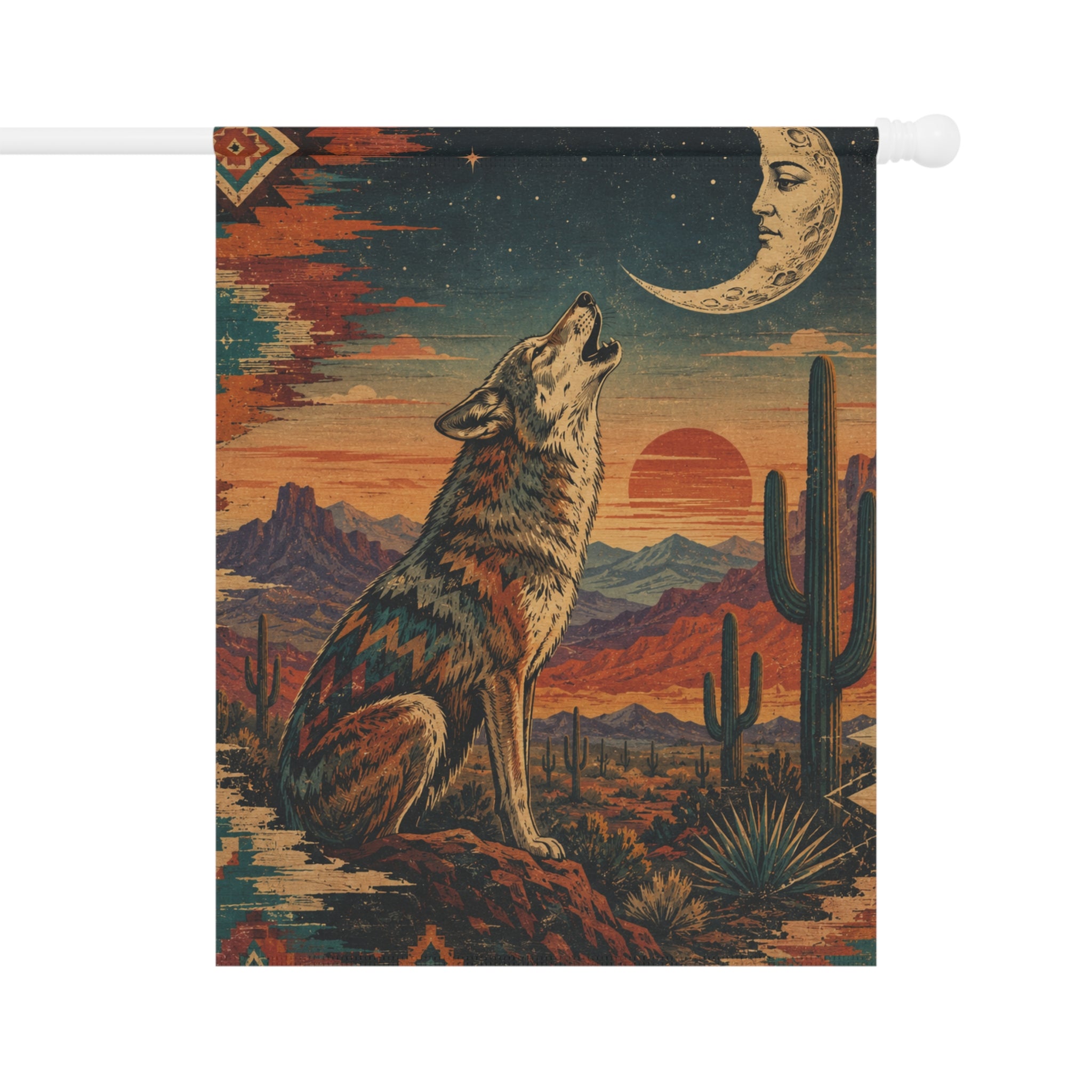 Southwestern Howling Wolf Garden Banner | Desert Moon Landscape