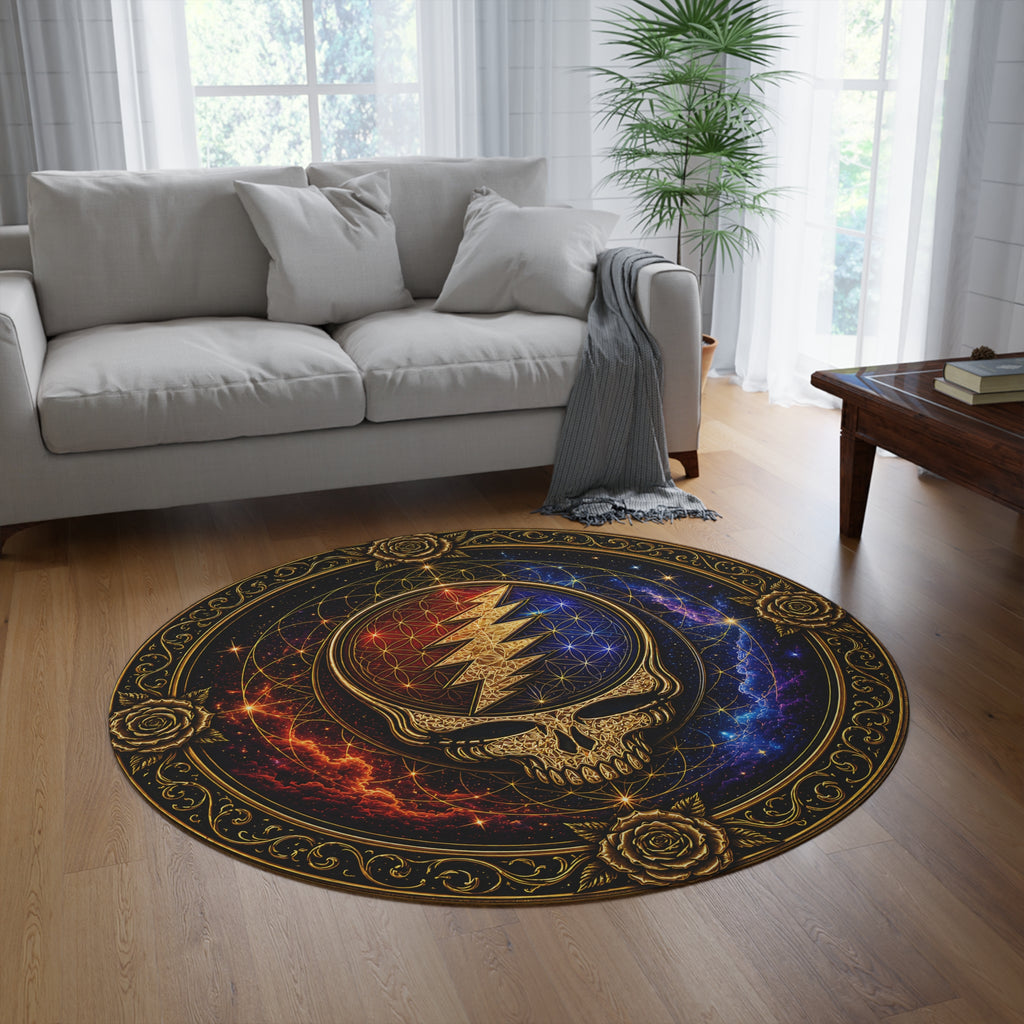 Steal Your Face Skull Round Rug | Psychedelic Lightning Bolt Mandala