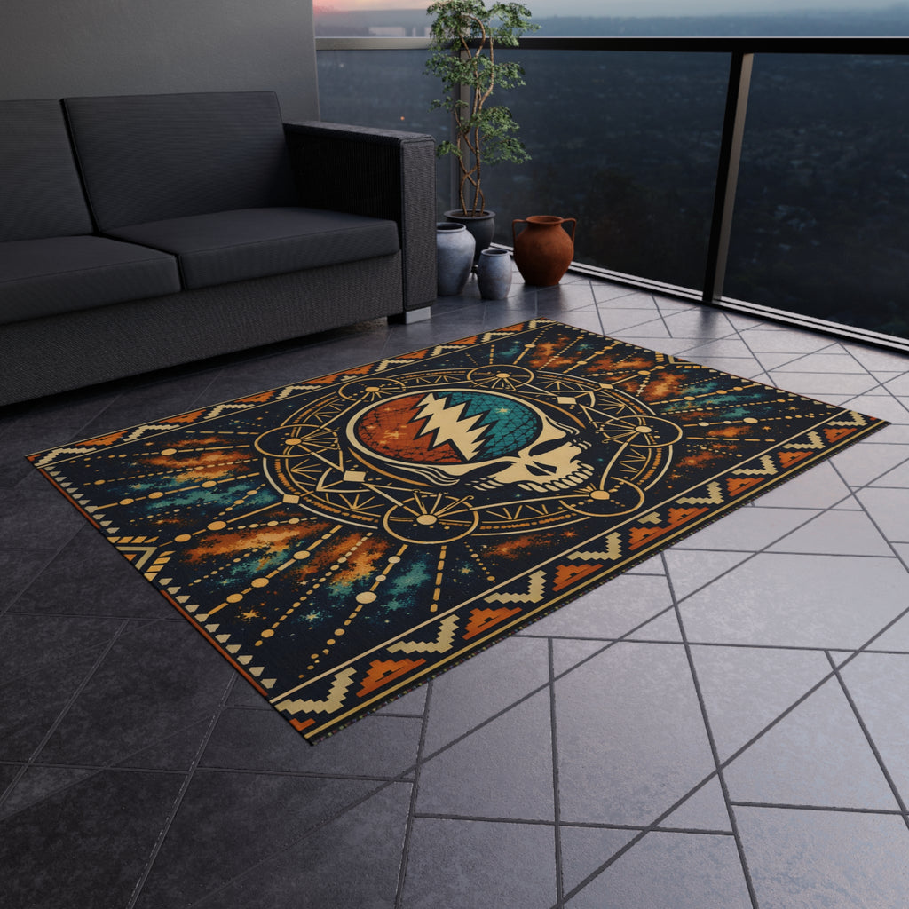 Grateful Dead Lightning Skull Outdoor Rug | Boho Geometric Patio Mat