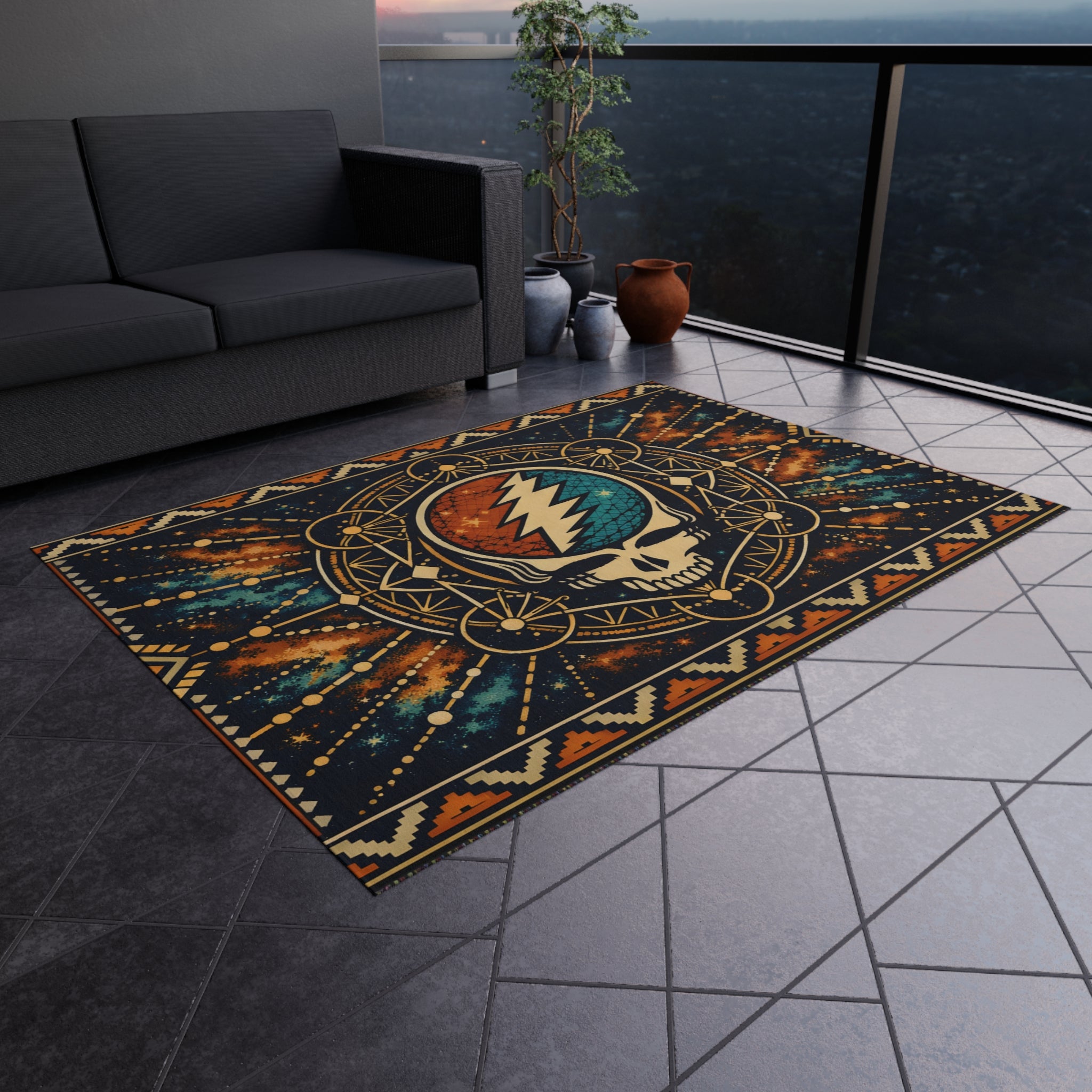 Grateful Dead Lightning Skull Outdoor Rug | Boho Geometric Patio Mat