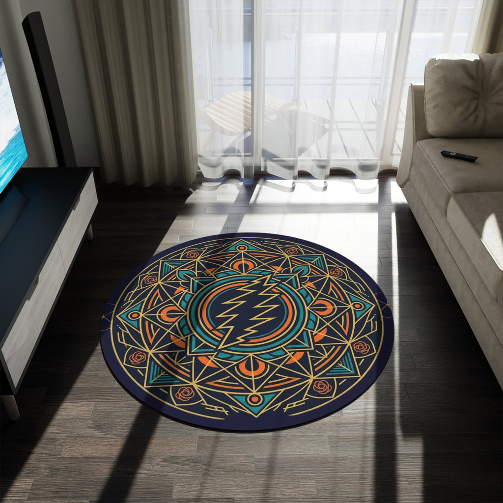 Geometric Lightning Mandala Round Rug | Psychedelic Band Logo