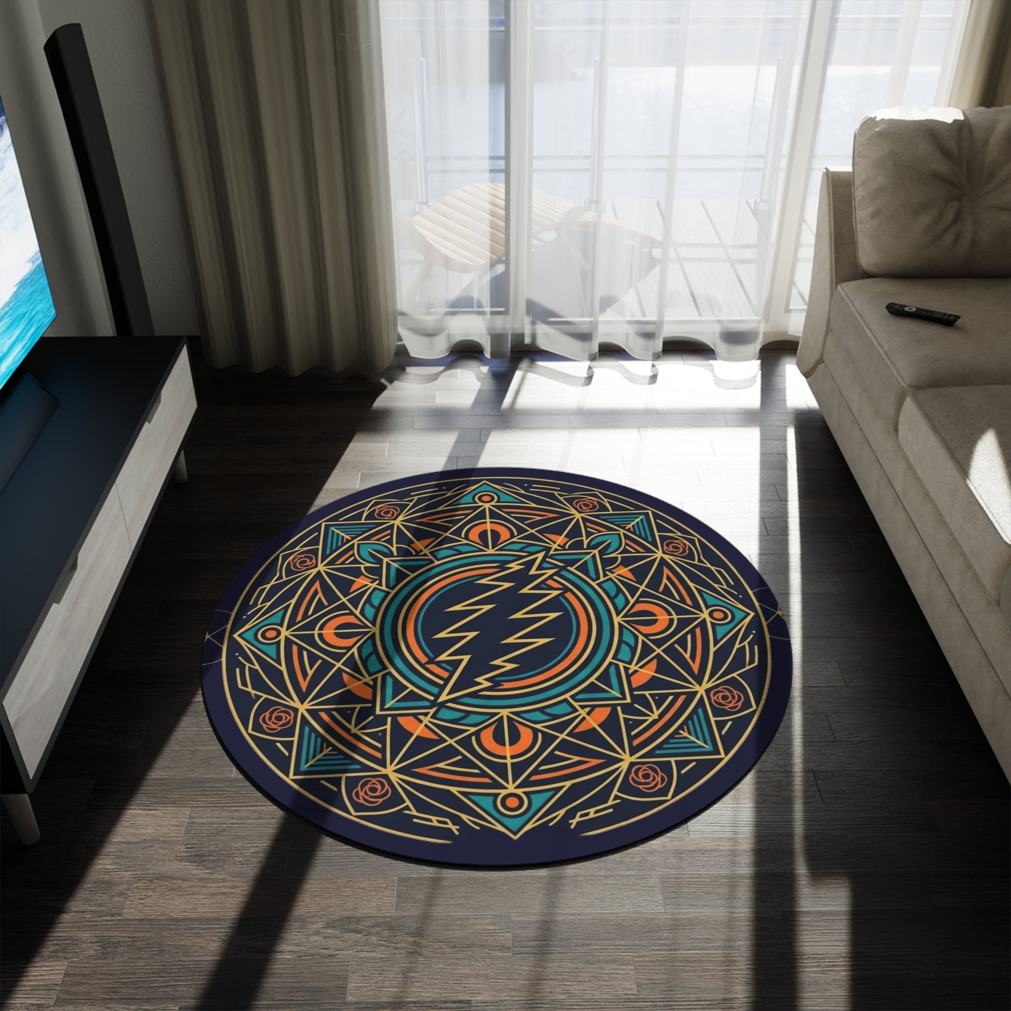 Geometric Lightning Mandala Round Rug | Psychedelic Band Logo