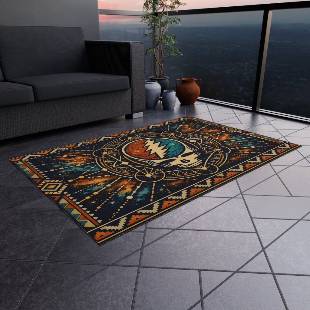 Grateful Dead Lightning Skull Outdoor Rug | Boho Geometric Patio Mat