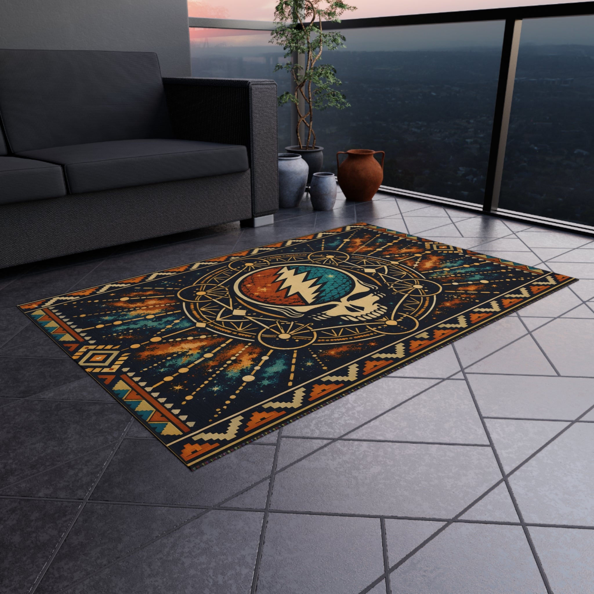 Grateful Dead Lightning Skull Outdoor Rug | Boho Geometric Patio Mat