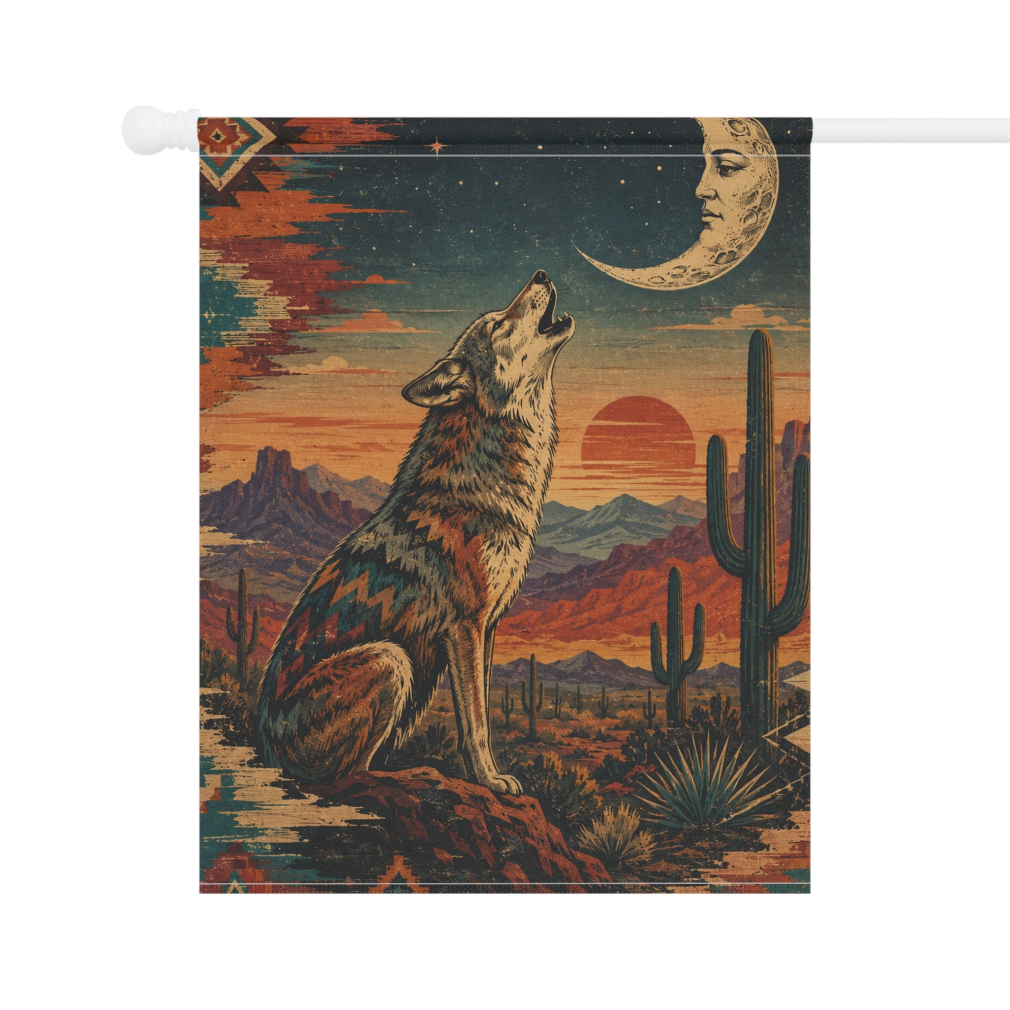 Southwestern Howling Wolf Garden Banner | Desert Moon Landscape