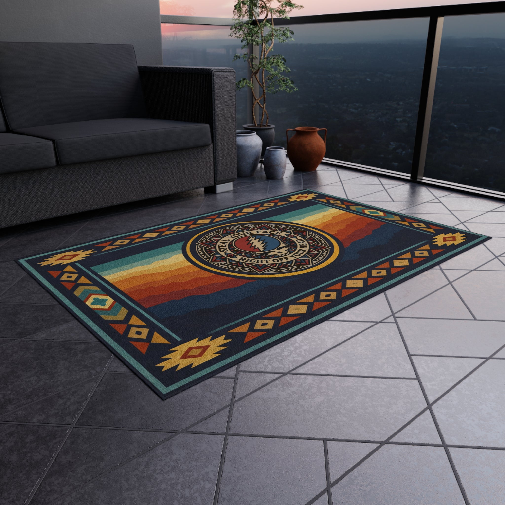 Grateful Dead Steal Your Face Sunset Wave Outdoor Rug | Southwestern Tribal Border