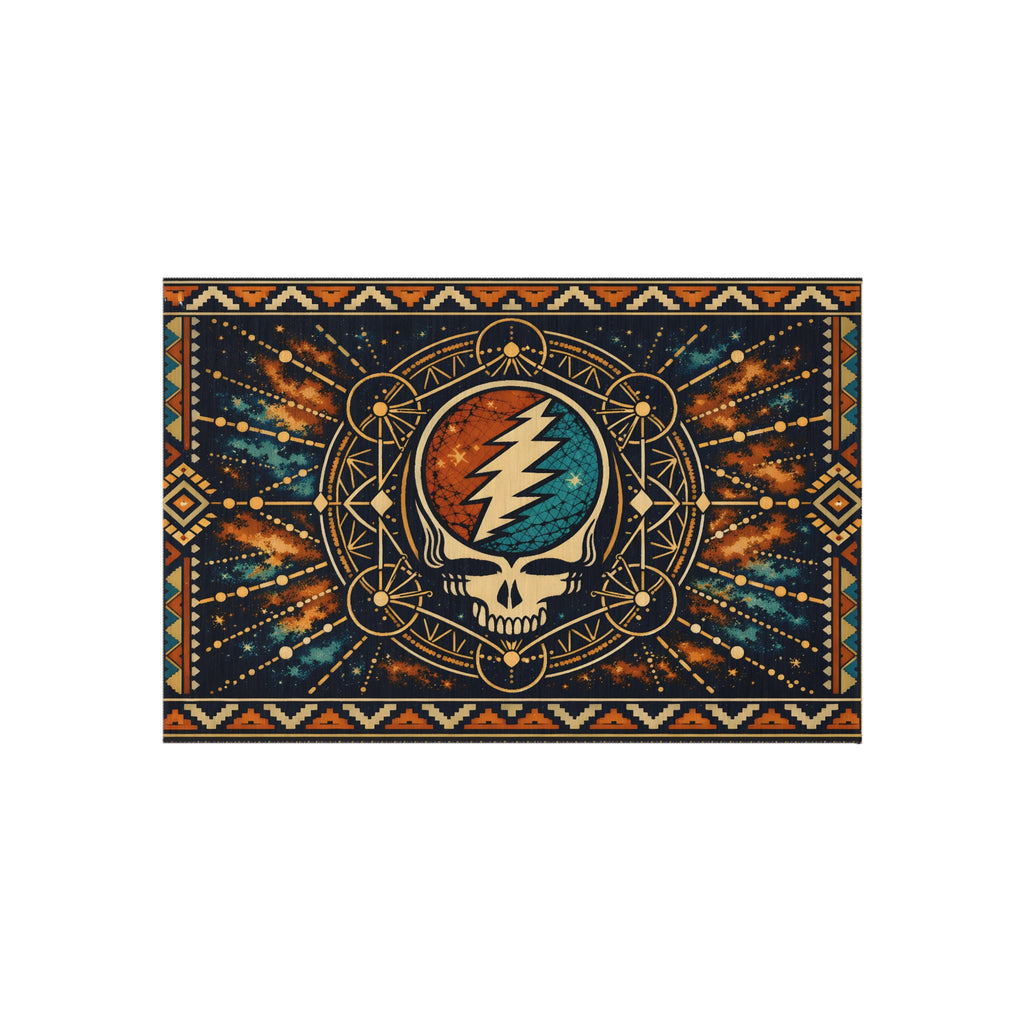 Grateful Dead Lightning Skull Outdoor Rug | Boho Geometric Patio Mat