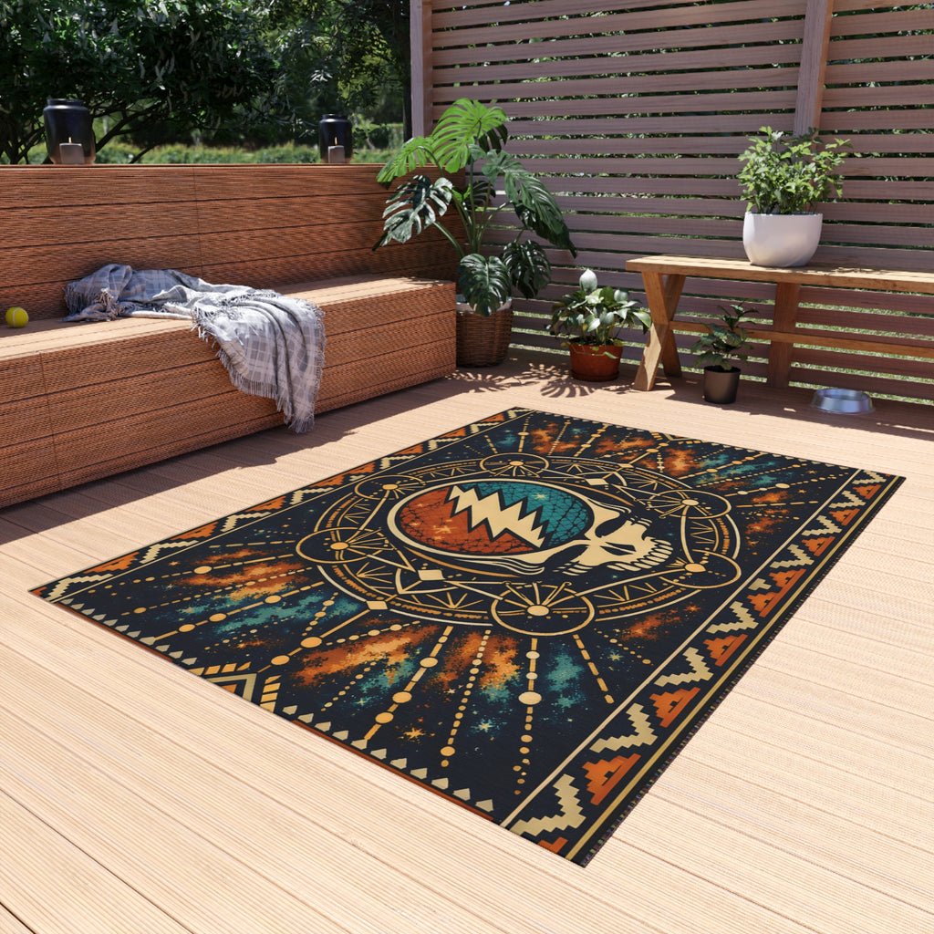 Grateful Dead Lightning Skull Outdoor Rug | Boho Geometric Patio Mat