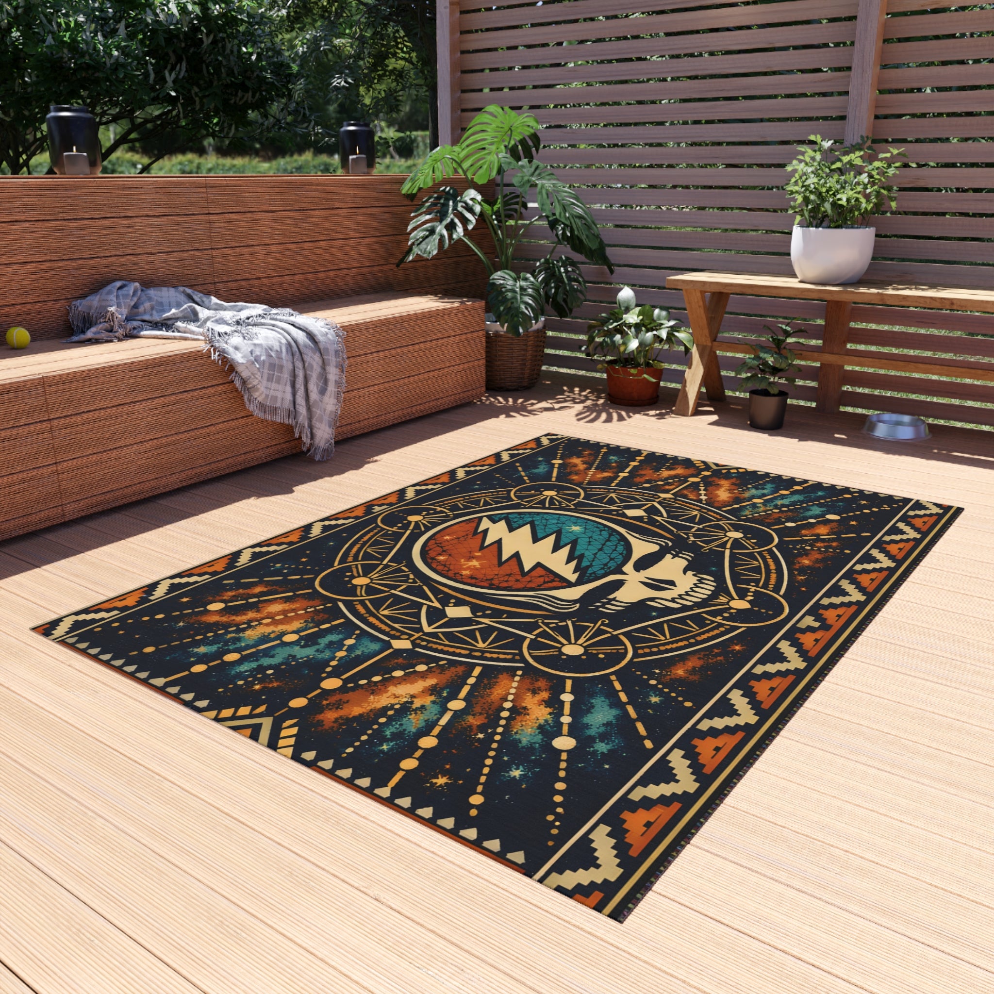 Grateful Dead Lightning Skull Outdoor Rug | Boho Geometric Patio Mat