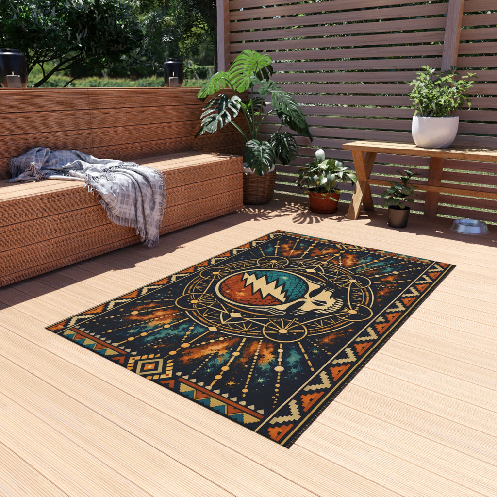 Grateful Dead Lightning Skull Outdoor Rug | Boho Geometric Patio Mat