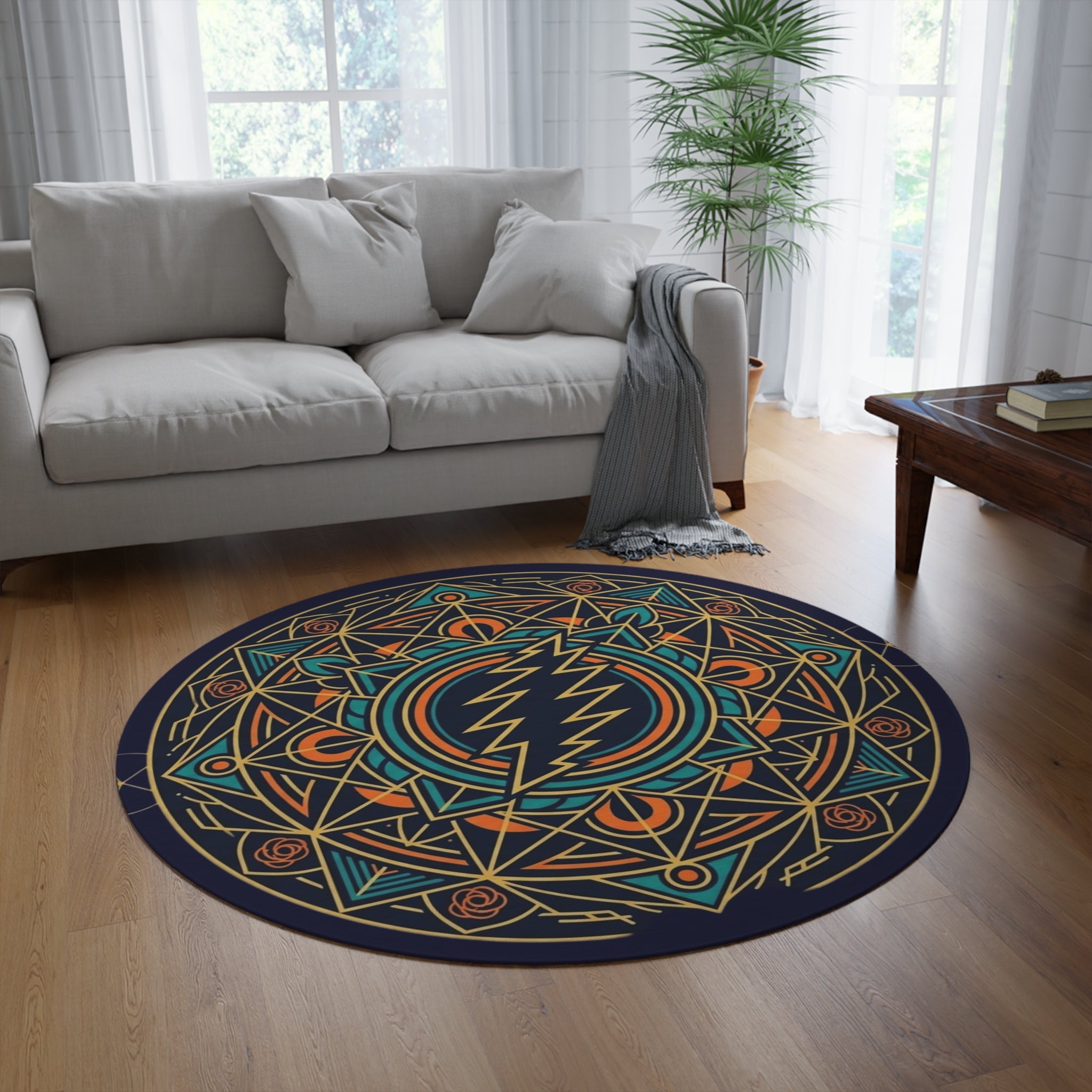 Geometric Lightning Mandala Round Rug | Psychedelic Band Logo