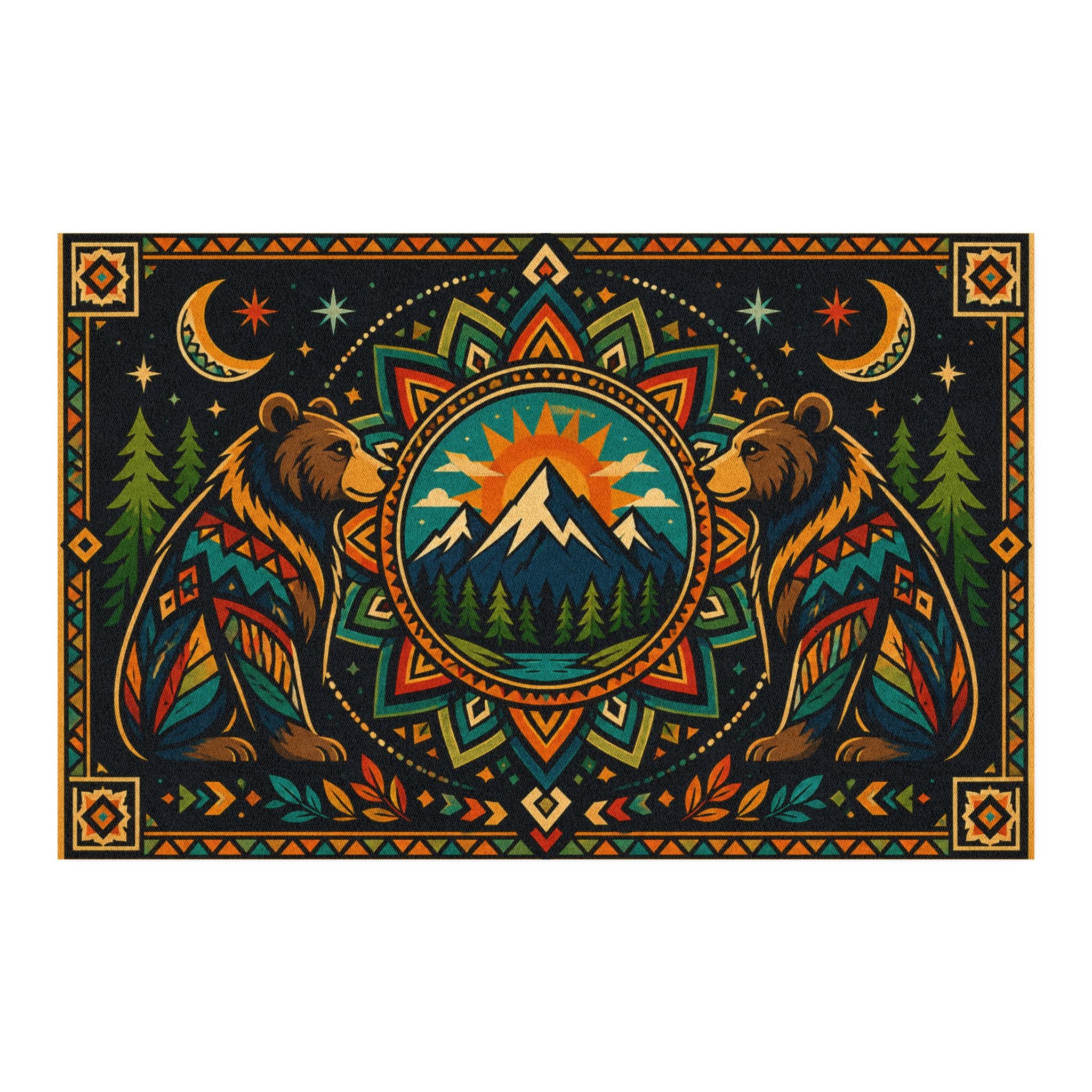 Bear Mandala Mountain Rug | Boho Woodland Decorative Floor Mat
