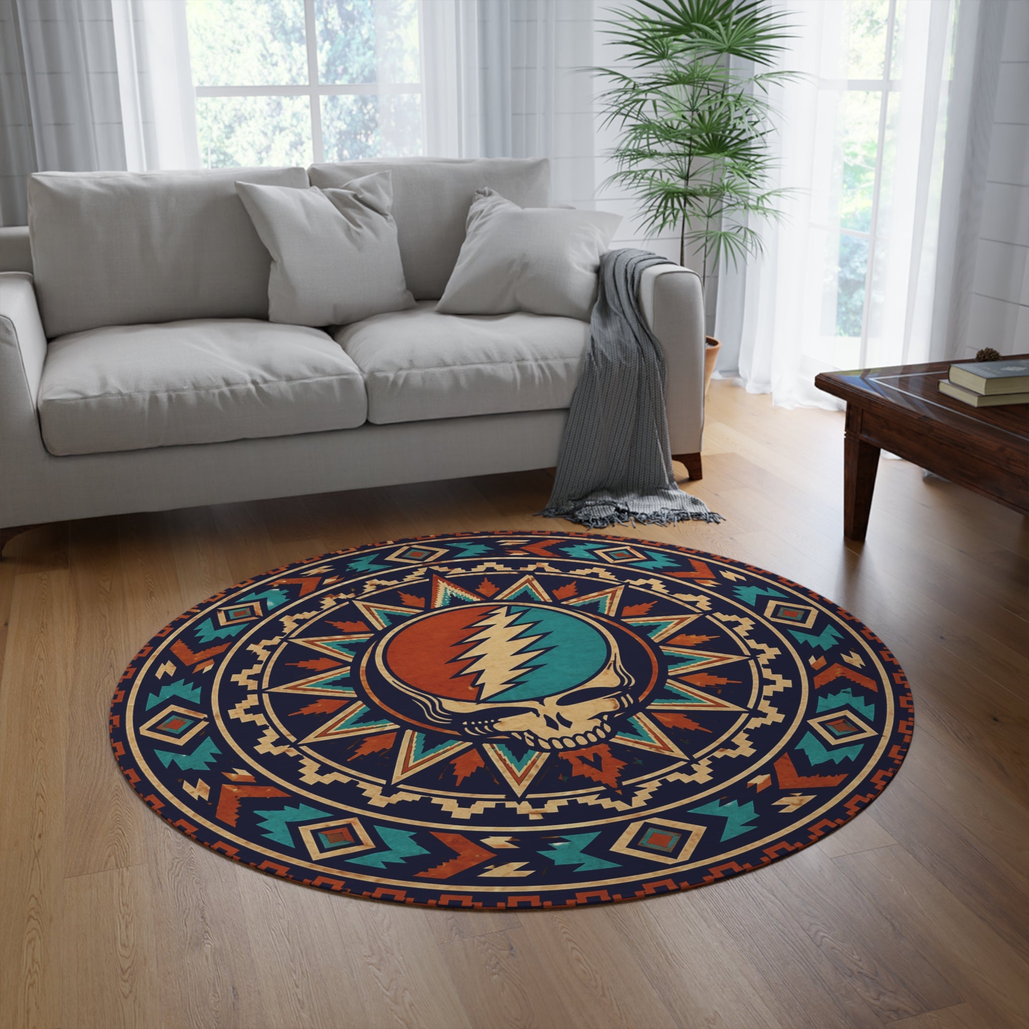 Steal Your Face Skull Round Rug | Boho Aztec Mandala Floor Mat