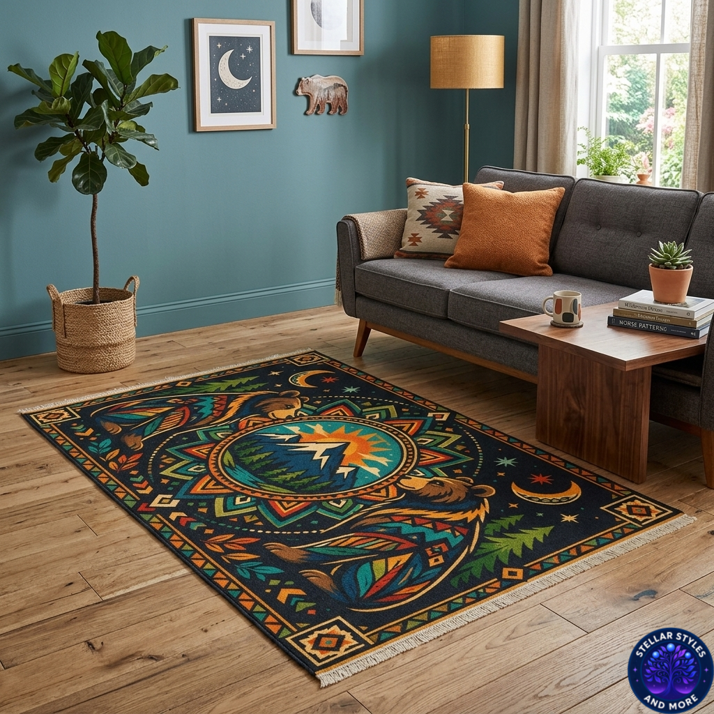 Bear Mandala Mountain Rug | Boho Woodland Decorative Floor Mat