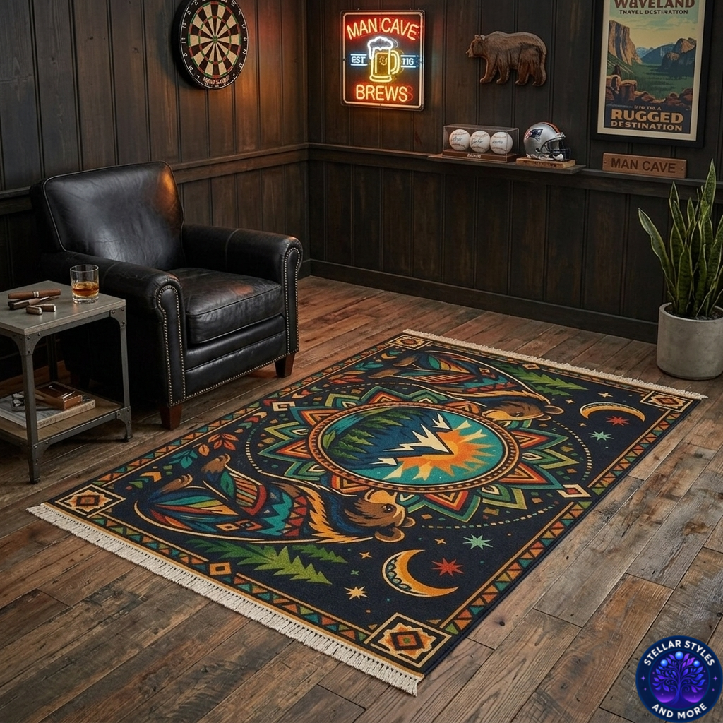 Bear Mandala Mountain Rug | Boho Woodland Decorative Floor Mat