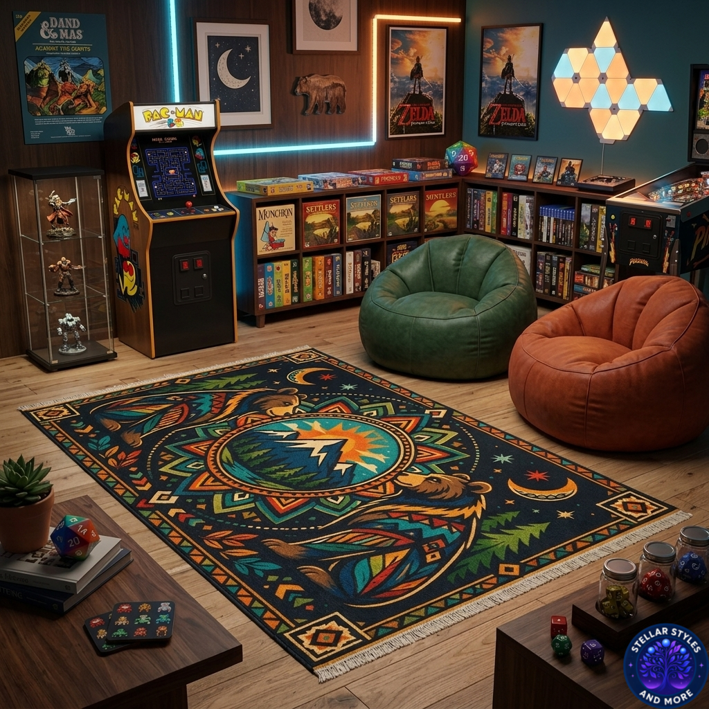 Bear Mandala Mountain Rug | Boho Woodland Decorative Floor Mat