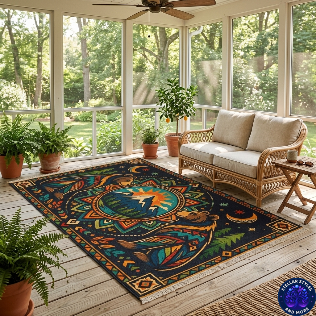 Bear Mandala Mountain Rug | Boho Woodland Decorative Floor Mat