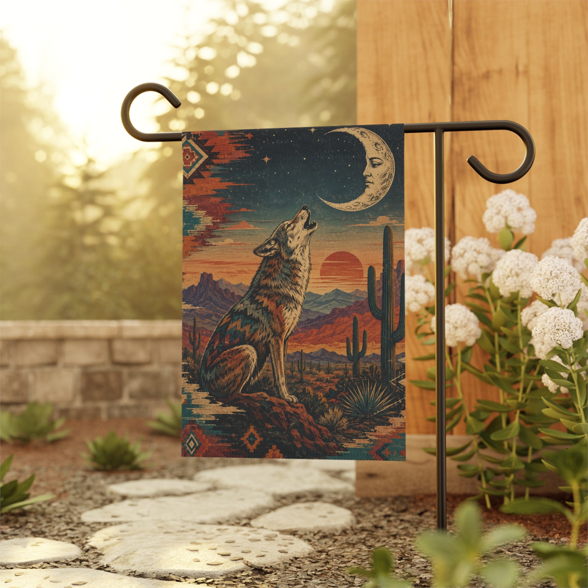 Southwestern Howling Wolf Garden Banner | Desert Moon Landscape