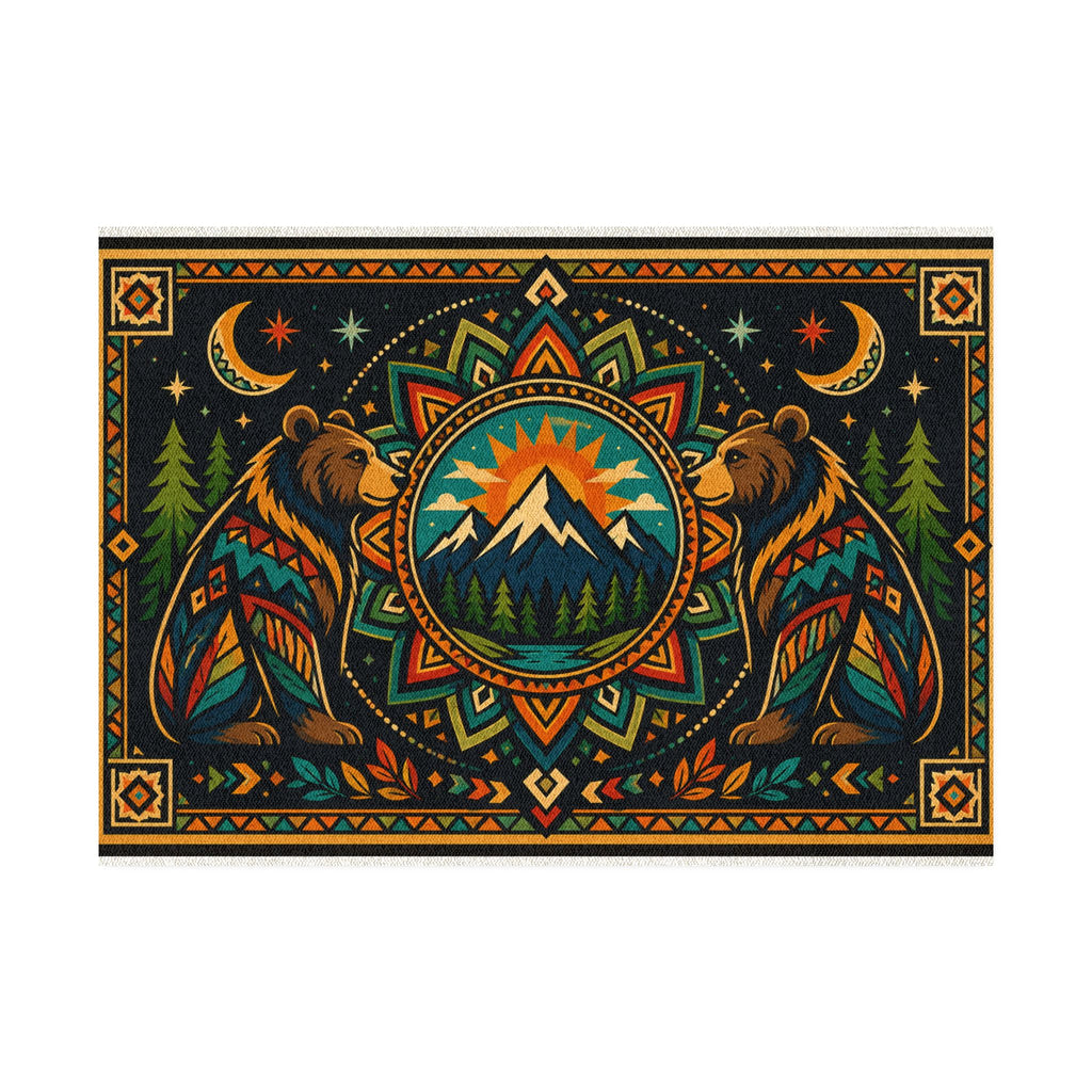 Bear Mandala Mountain Rug | Boho Woodland Decorative Floor Mat