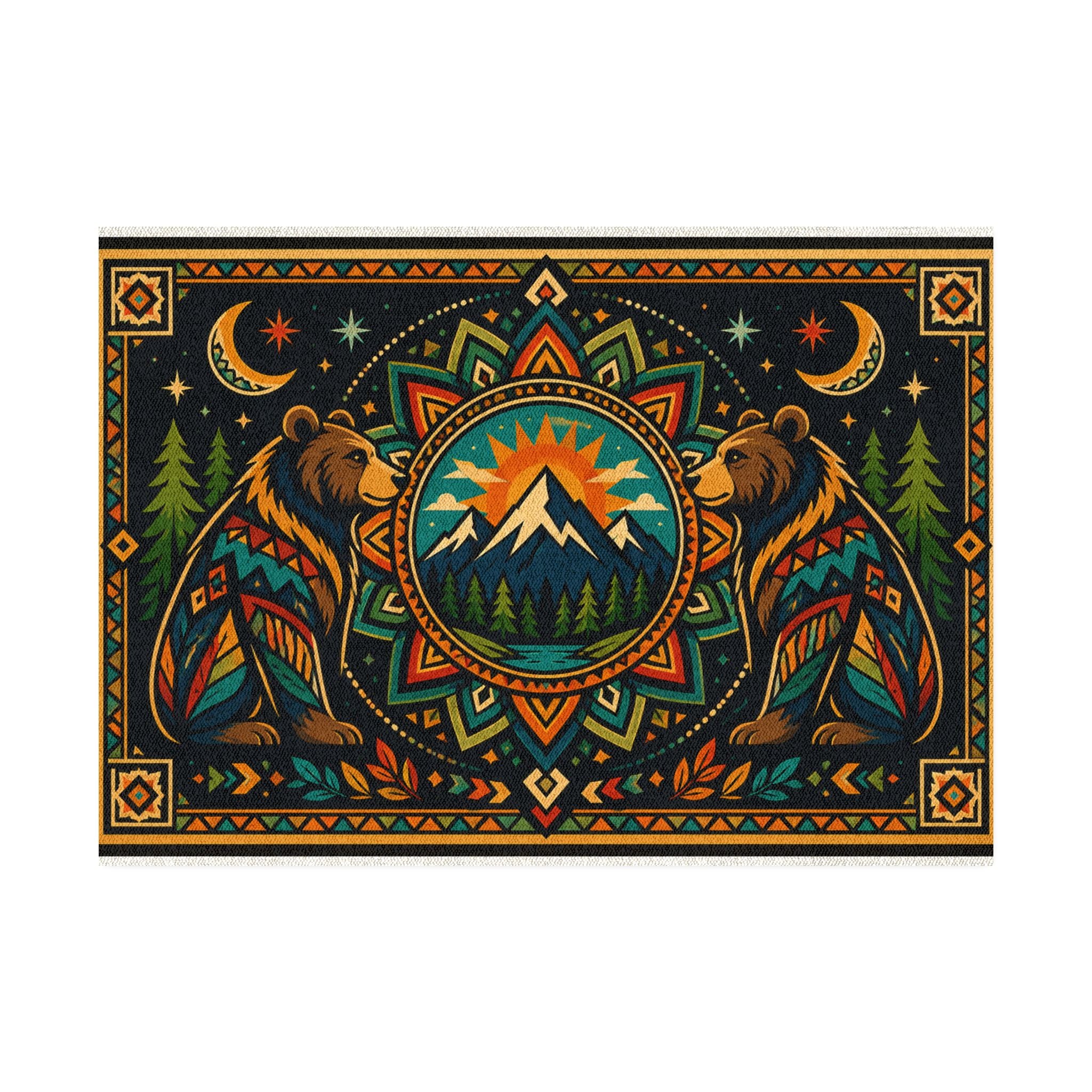 Bear Mandala Mountain Rug | Boho Woodland Decorative Floor Mat