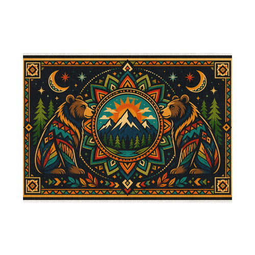 Bear Mandala Mountain Rug | Boho Woodland Decorative Floor Mat