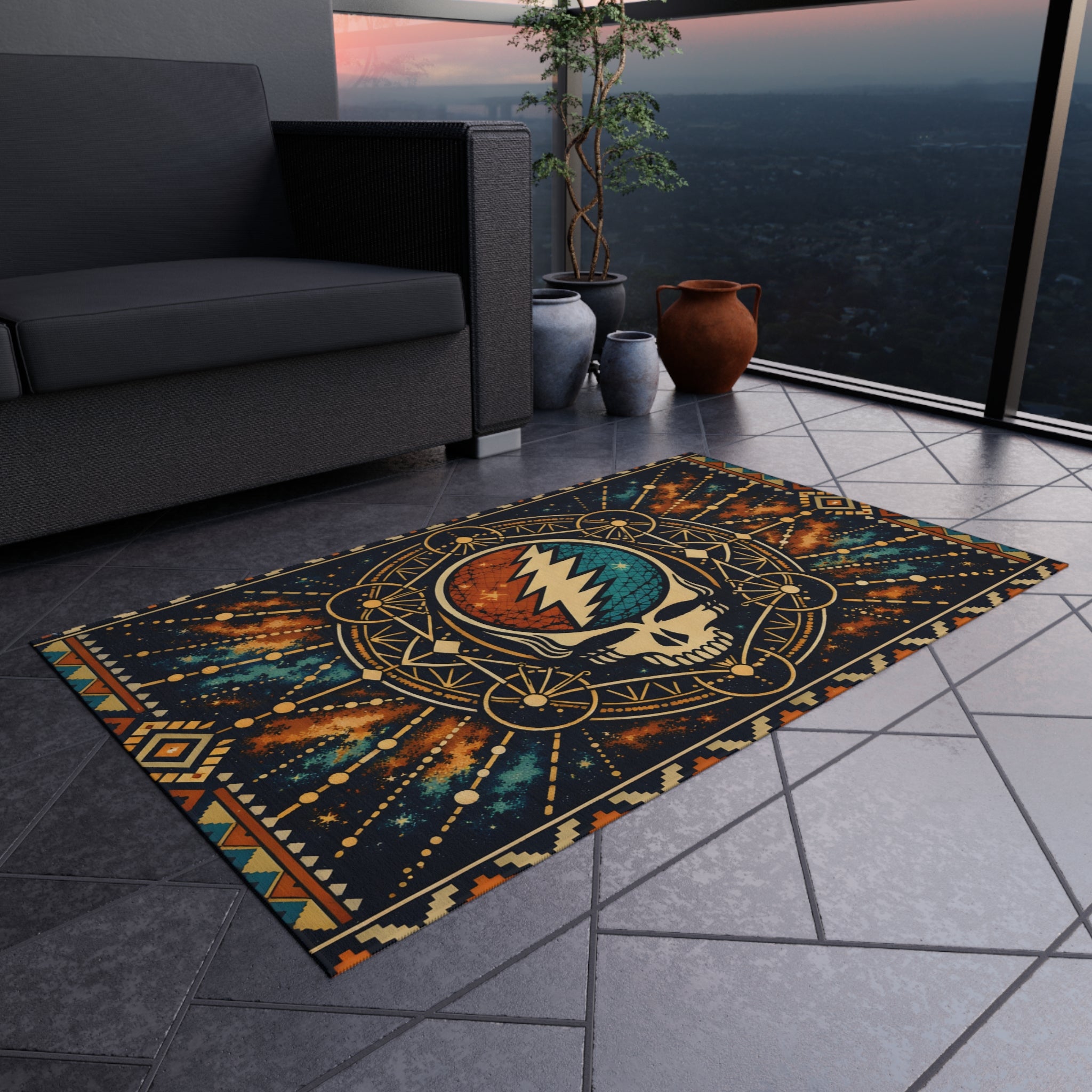 Grateful Dead Lightning Skull Outdoor Rug | Boho Geometric Patio Mat