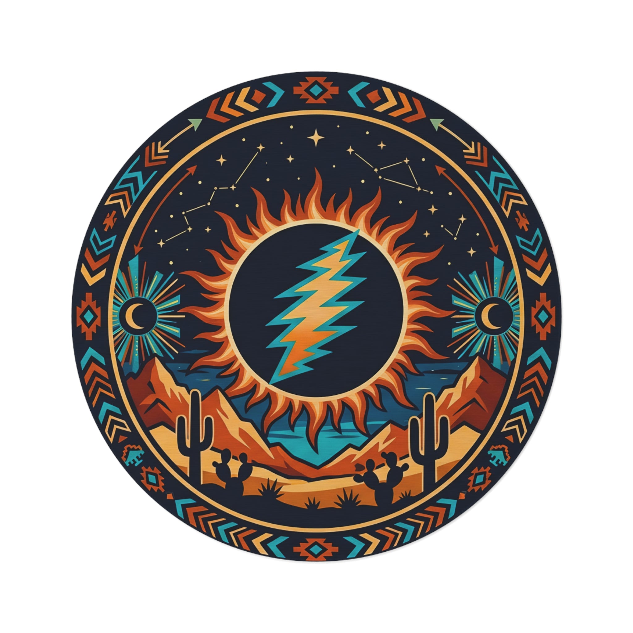 Desert Sun Grateful Dead Lightning Bolt Round Rug | Southwestern Boho Circle Decor