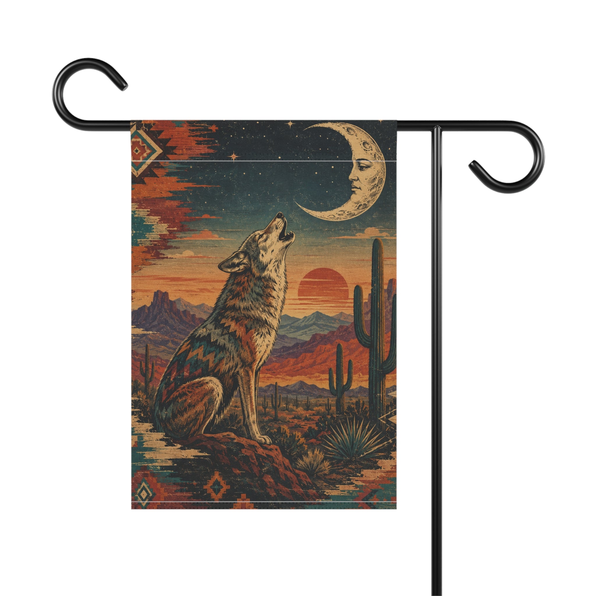Southwestern Howling Wolf Garden Banner | Desert Moon Landscape