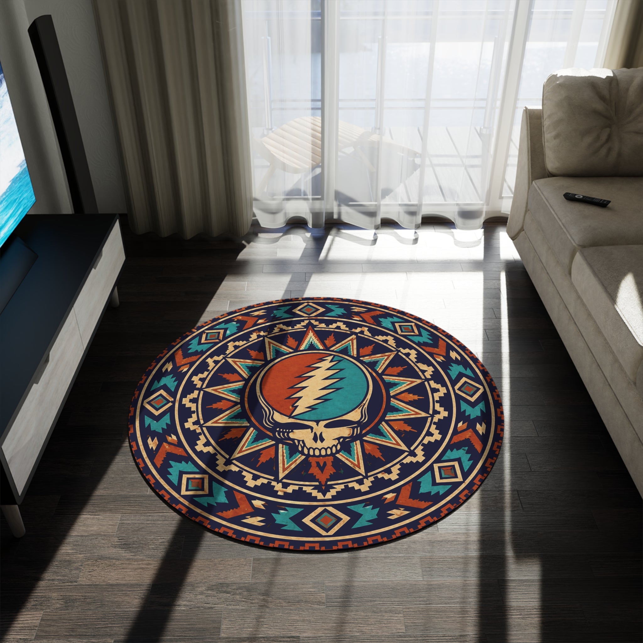 Steal Your Face Skull Round Rug | Boho Aztec Mandala Floor Mat