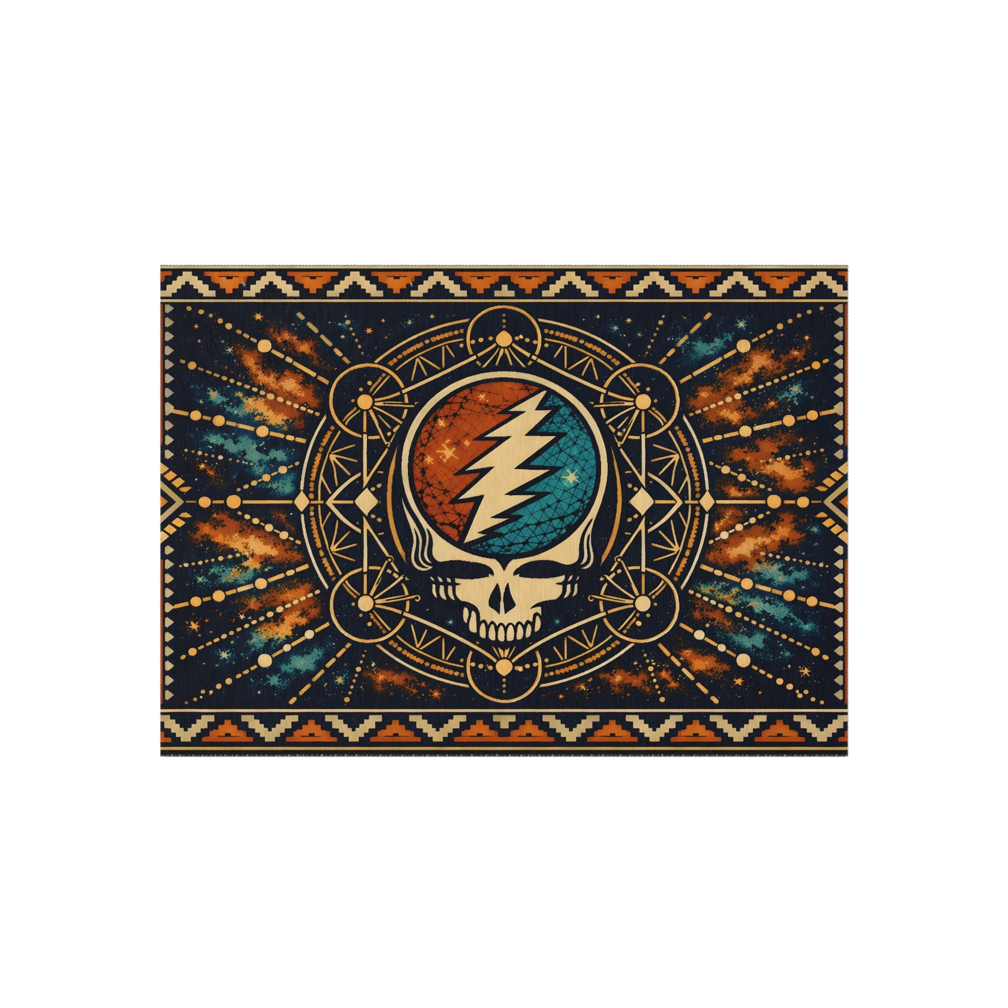 Grateful Dead Lightning Skull Outdoor Rug | Boho Geometric Patio Mat