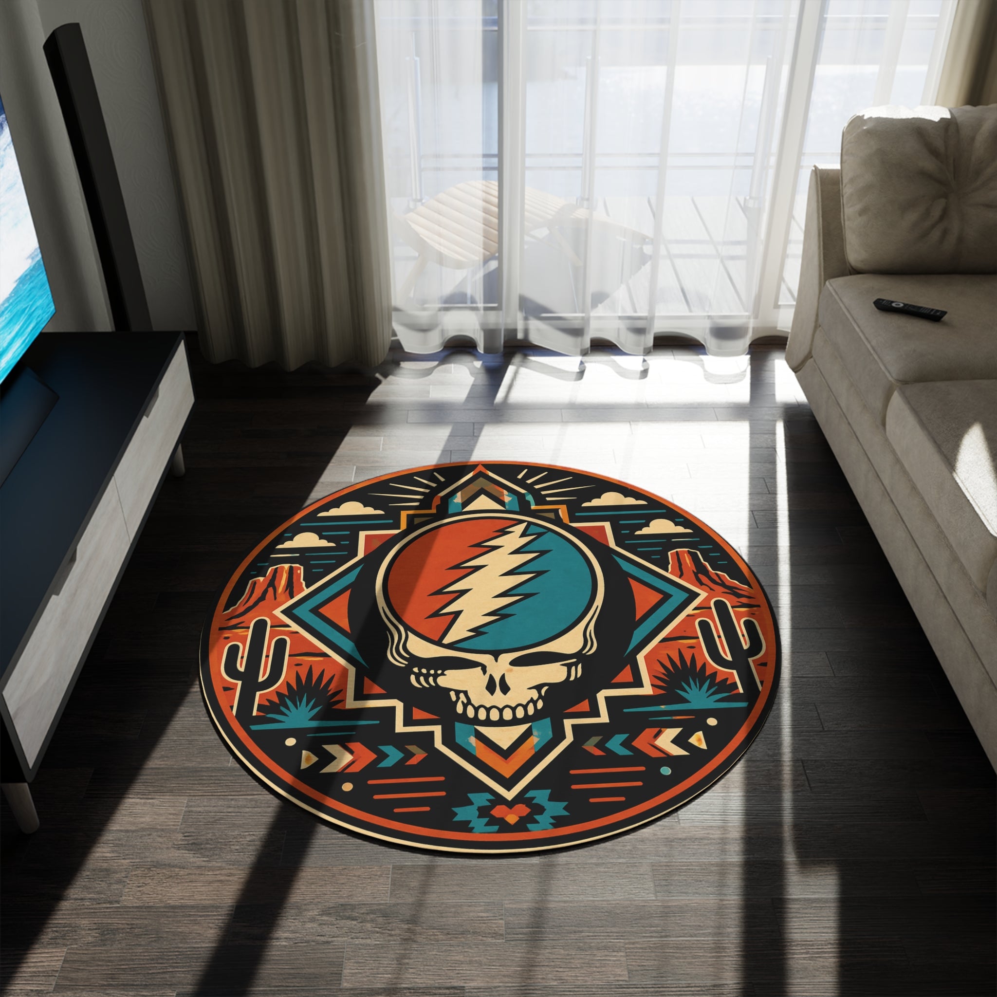 Desert Skull Steal Your Face Round Rug | Southwestern Boho Floor Mat
