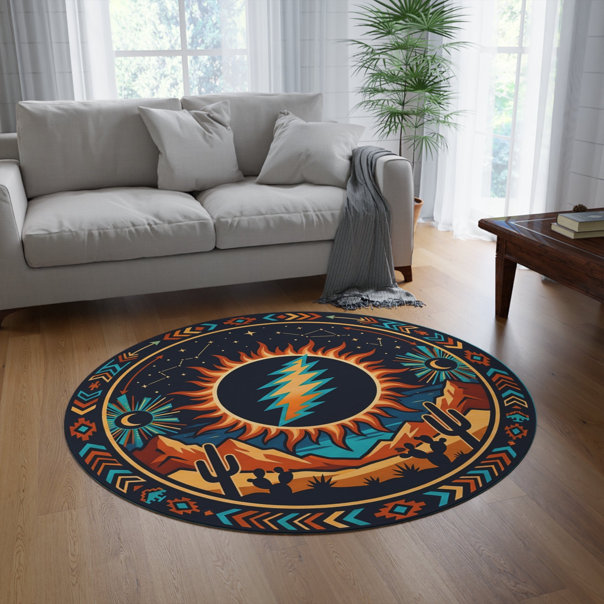 Desert Sun Grateful Dead Lightning Bolt Round Rug | Southwestern Boho Circle Decor