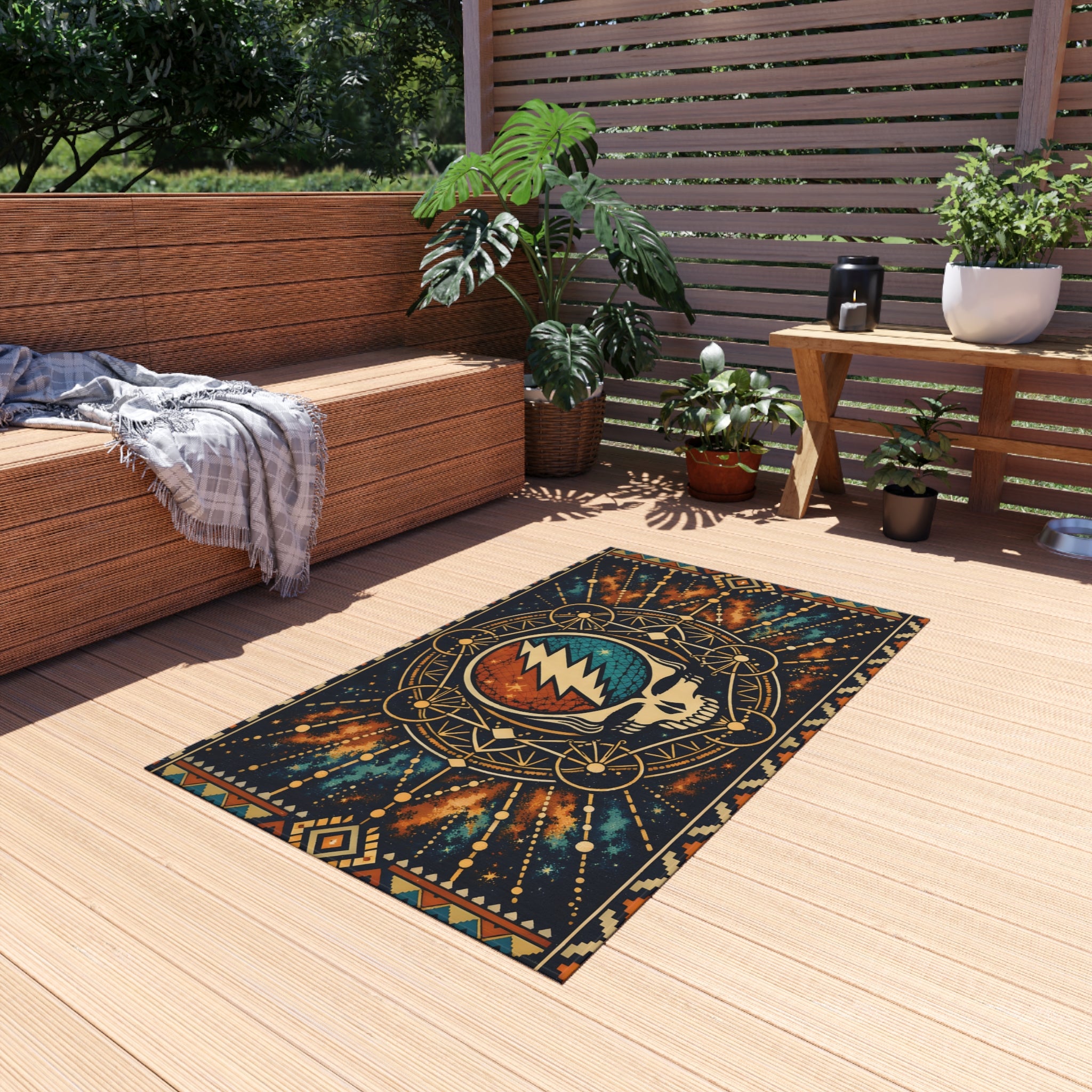 Grateful Dead Lightning Skull Outdoor Rug | Boho Geometric Patio Mat