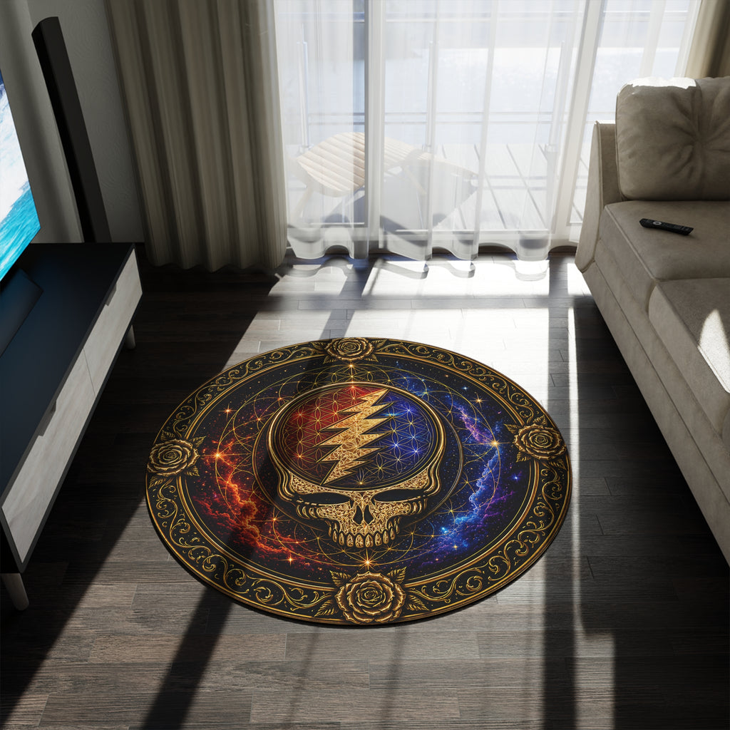 Steal Your Face Skull Round Rug | Psychedelic Lightning Bolt Mandala